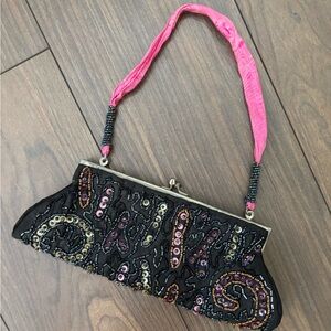 Beaded Black Evening Clutch with Pink Strap